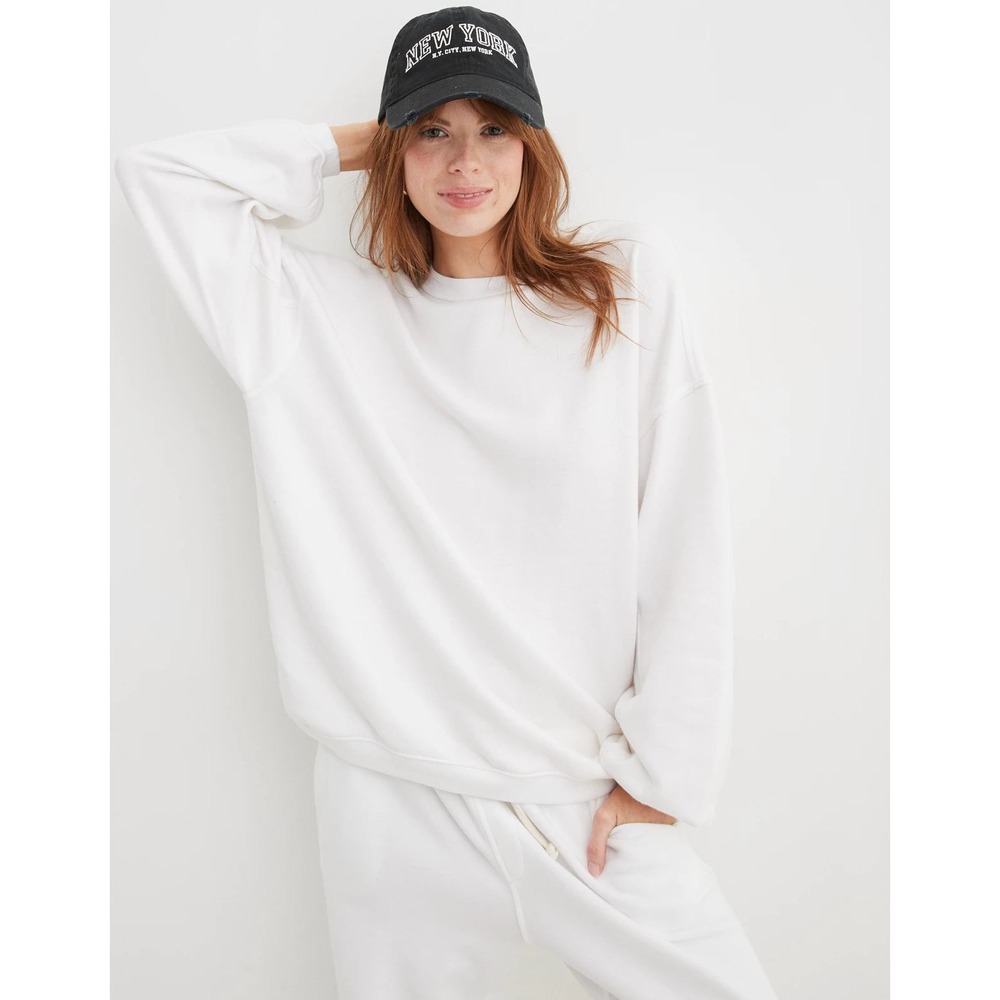 aerie Women's Oversized Crewneck White Side Slit Sweatshirt L Casual Sporty
